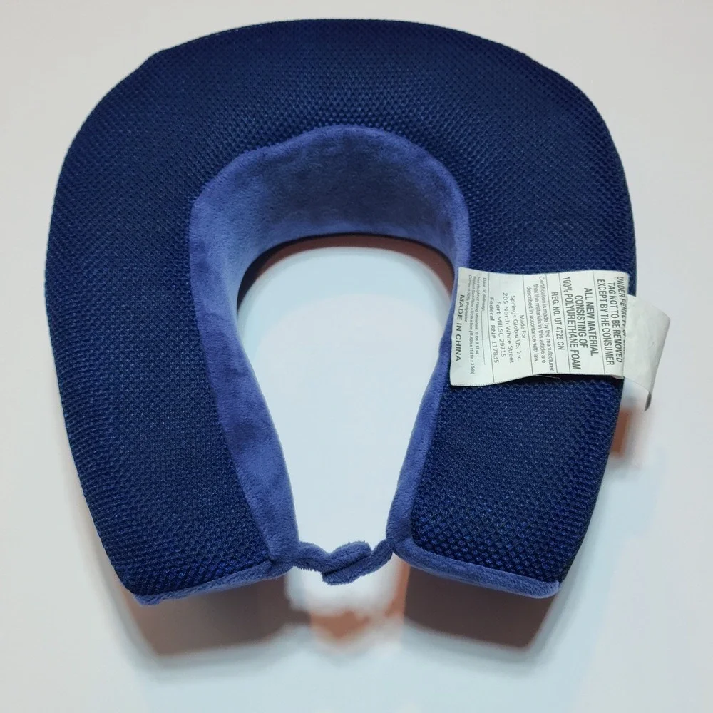 Springs Global Blue Memory Foam Travel Neck Pillow Plush Mesh Zippered Cover
